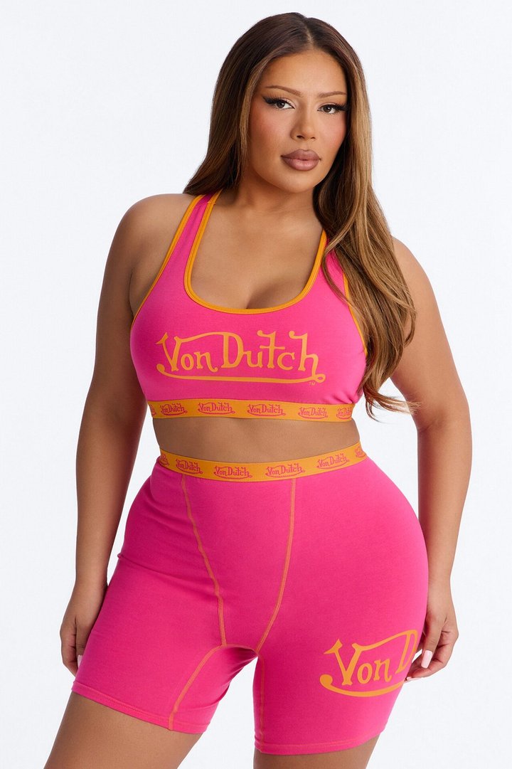 Von Dutch Contrast Stitching Bralette Boyshort High Waist 2 Piece Set - Fuchsia