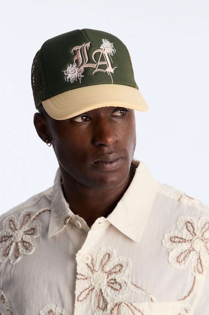 LA Flower Embroidery Trucker Snapback Hat - Green