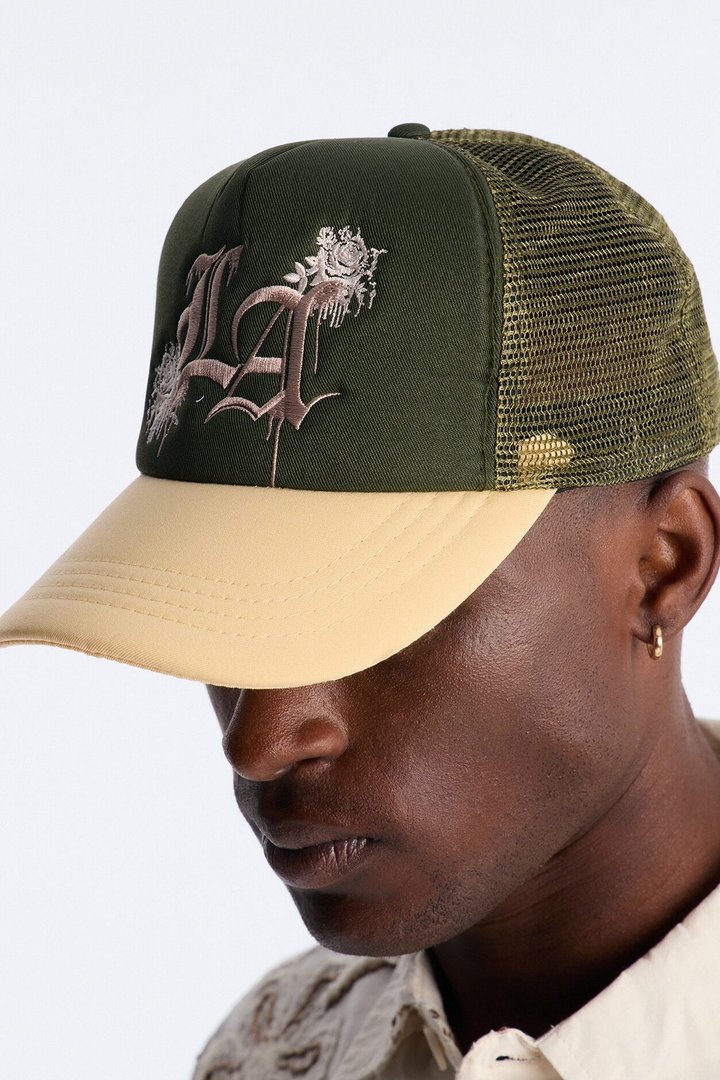 LA Flower Embroidery Trucker Snapback Hat - Green