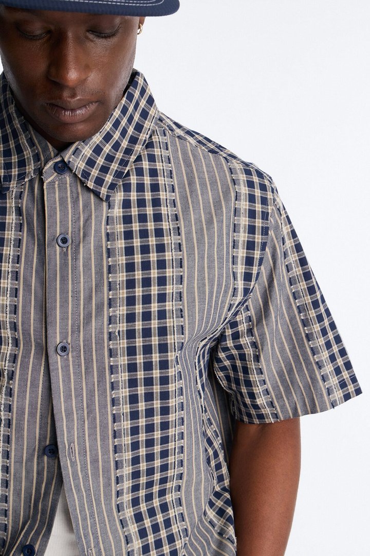 Relaxed Cropped Creekside Stripe Distressed Button Up Shirt - Navy