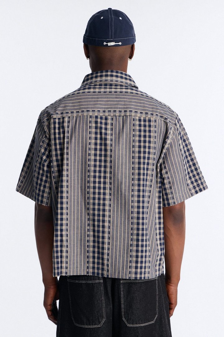 Relaxed Cropped Creekside Stripe Distressed Button Up Shirt - Navy