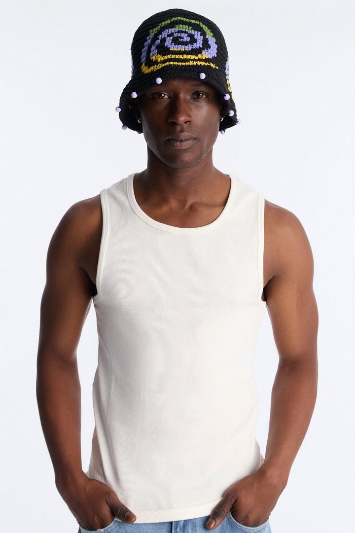 Swirl Crochet Knit Bucket Hat - Black