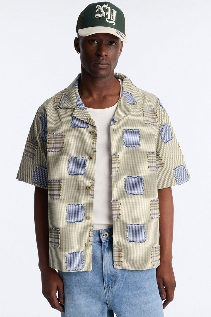 Relaxed Sunny Stitch Plaid Cuban Collar Button Up Shirt - Multi Color