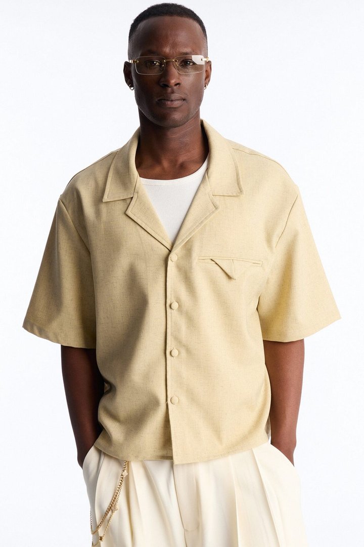 Maison Tailored Textured Button Up Shirt - Stone