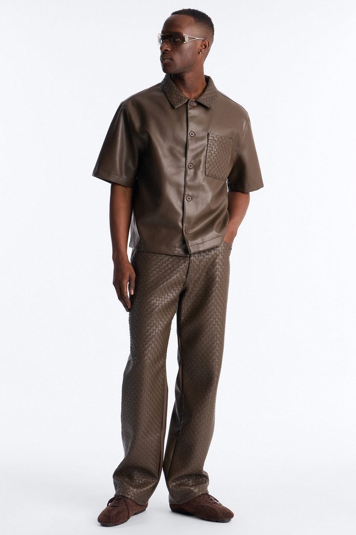 Dont Cross Me Weaved Faux Leather Cropped Shirt - Brown