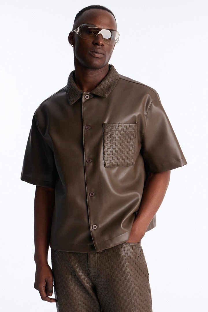 Dont Cross Me Weaved Faux Leather Cropped Shirt - Brown