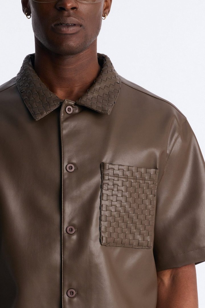 Dont Cross Me Weaved Faux Leather Cropped Shirt - Brown