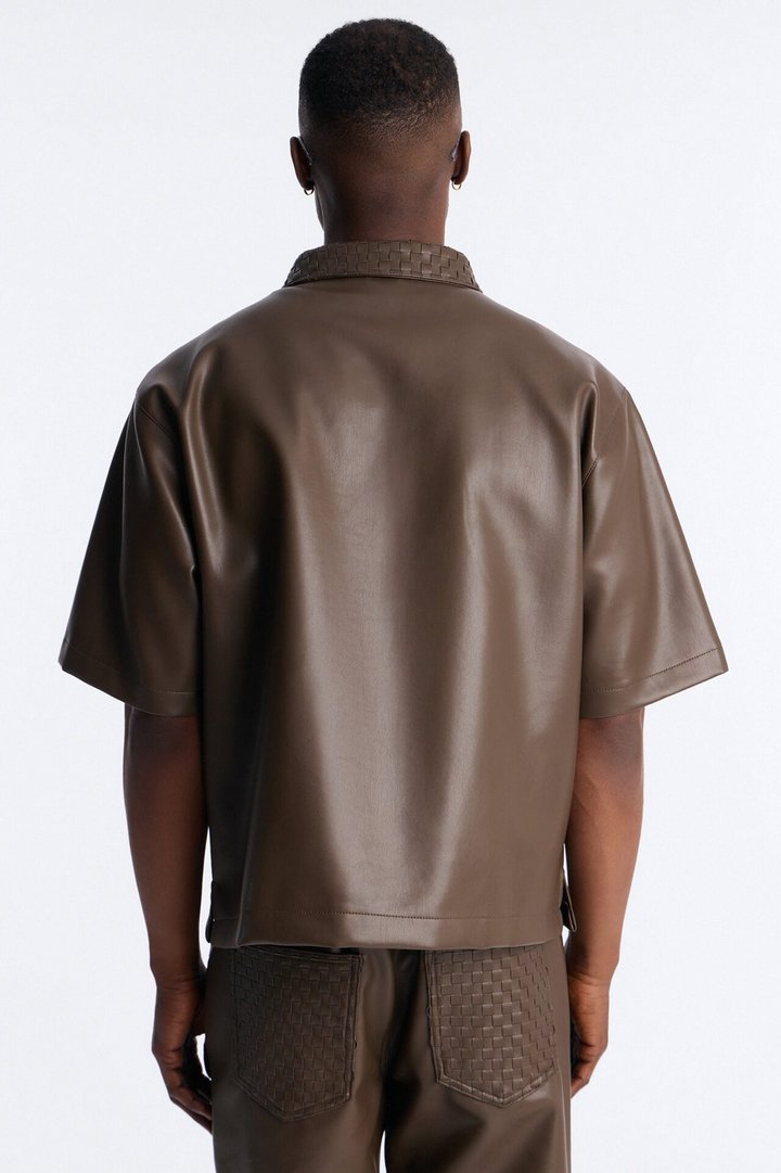 Dont Cross Me Weaved Faux Leather Cropped Shirt - Brown
