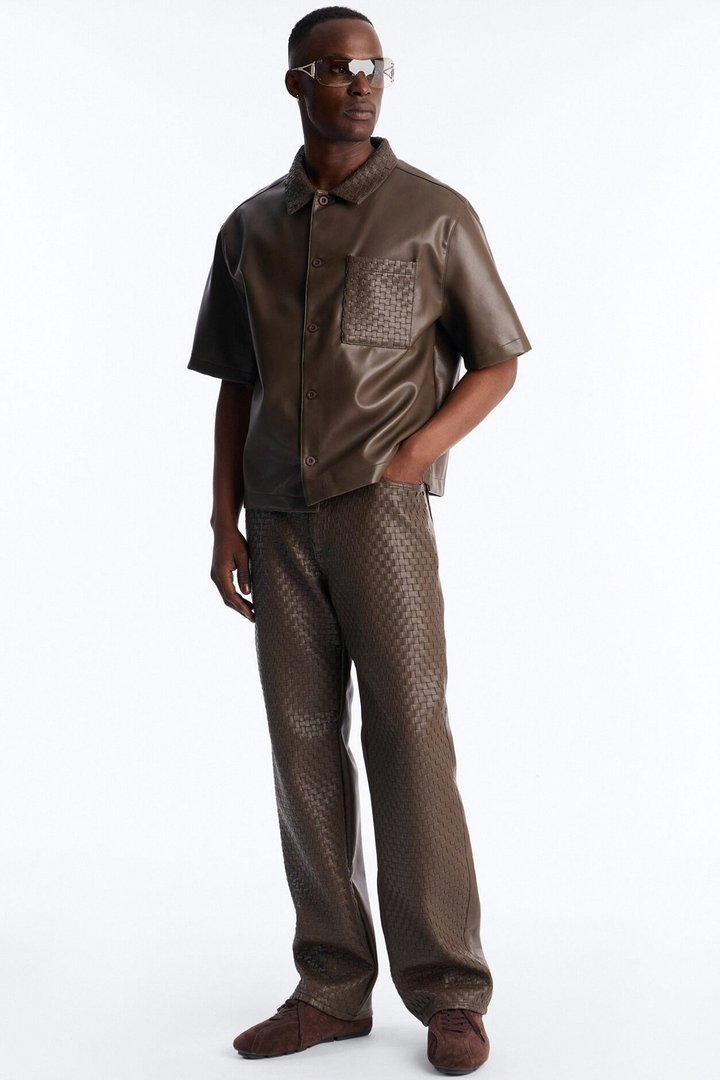Don't Cross Me Weaved Faux Leather Straight Pant - Brown