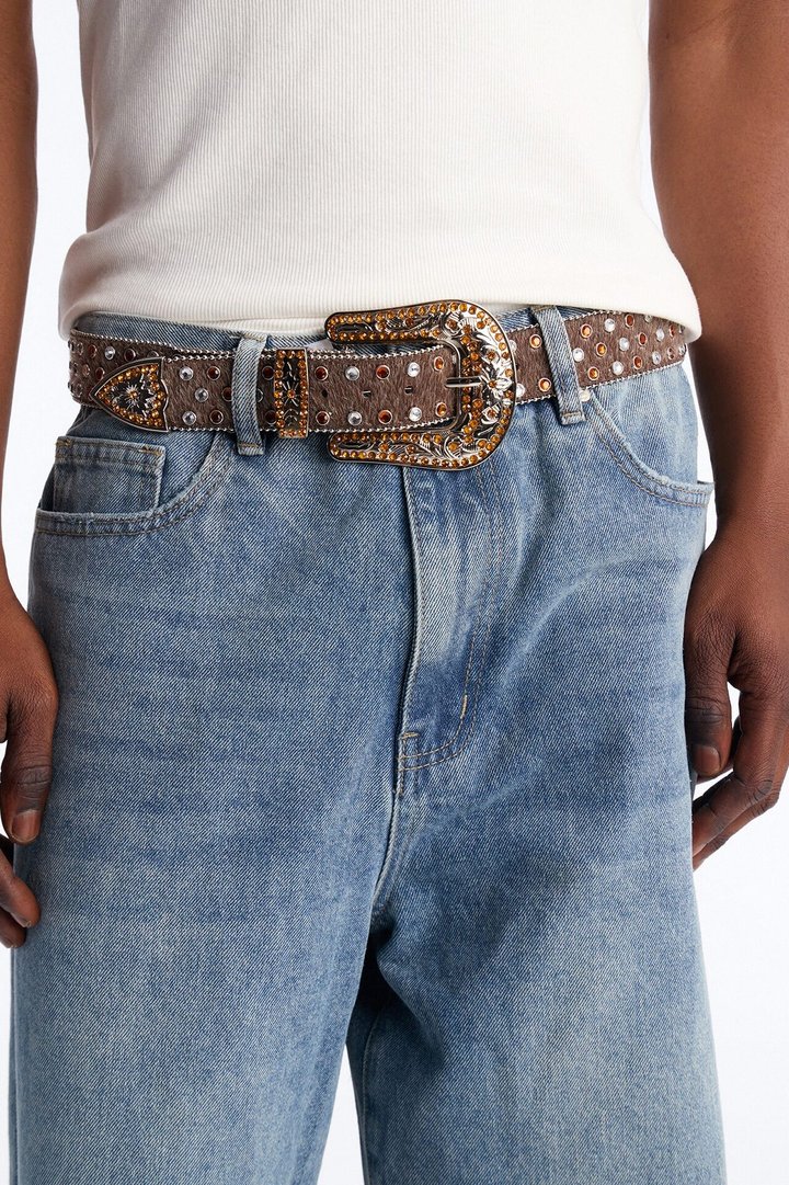 Rhinestone Embellished Faux Pony Hair Western Buckle Belt - Brown