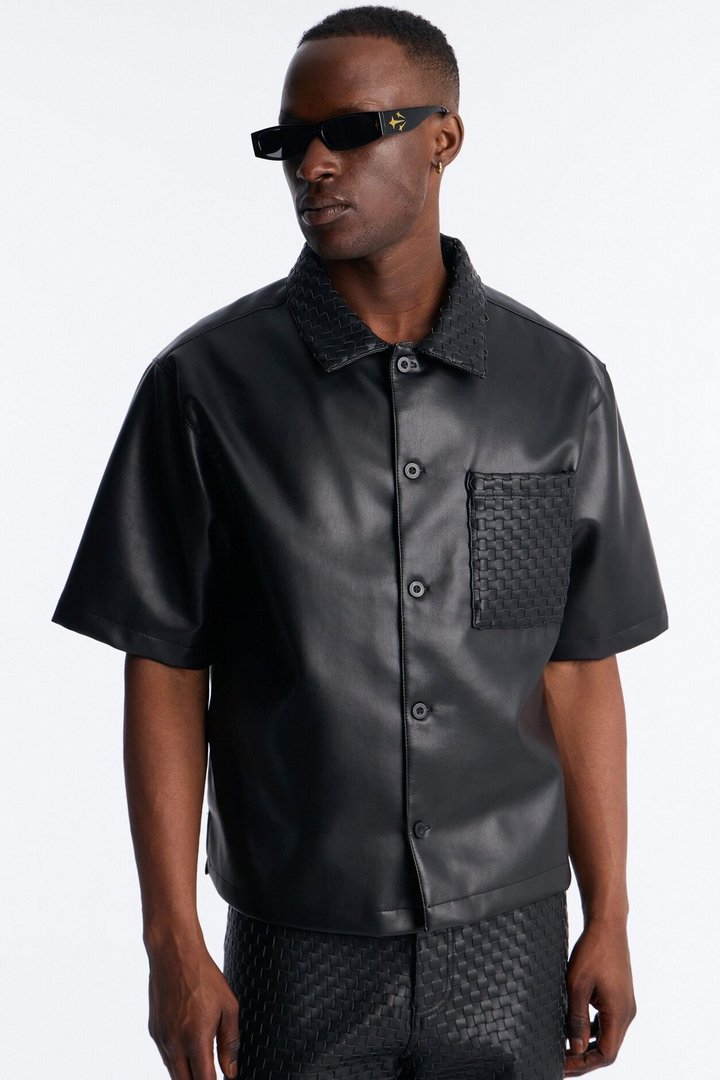 Dont Cross Me Weaved Faux Leather Cropped Shirt - Black
