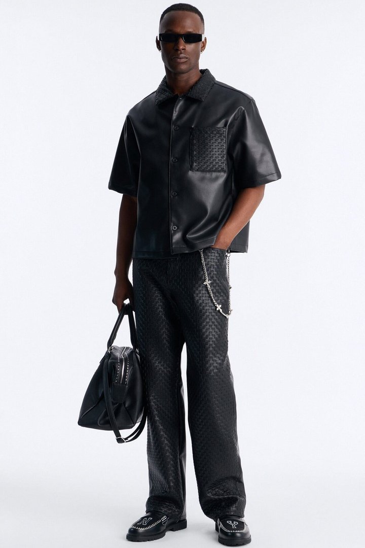 Don't Cross Me Weaved Faux Leather Straight Pant - Black