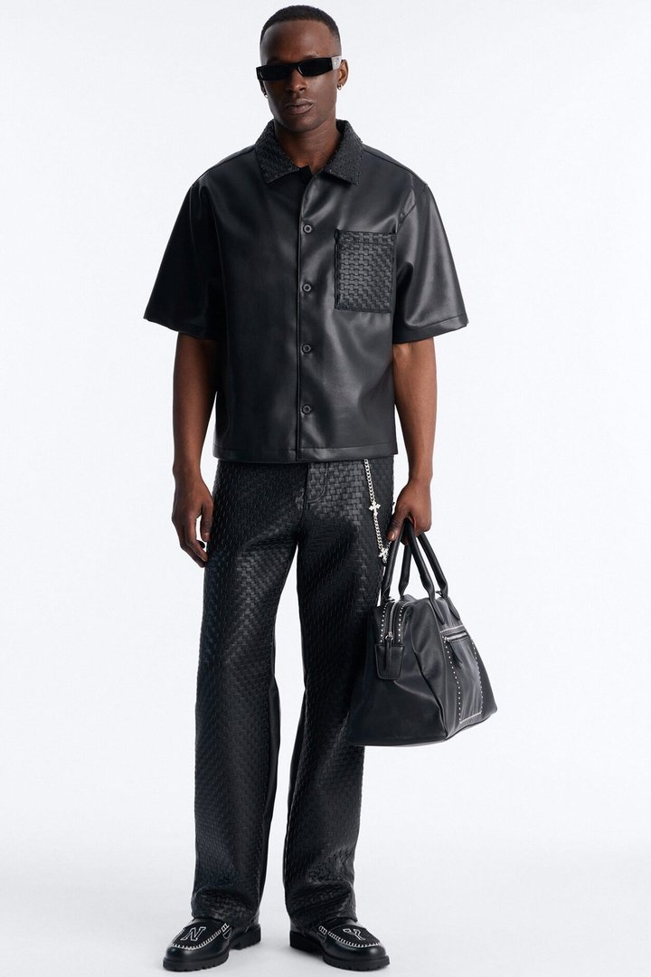 Textured Faux Leather Mid Size Weekender Duffle Bag - Black