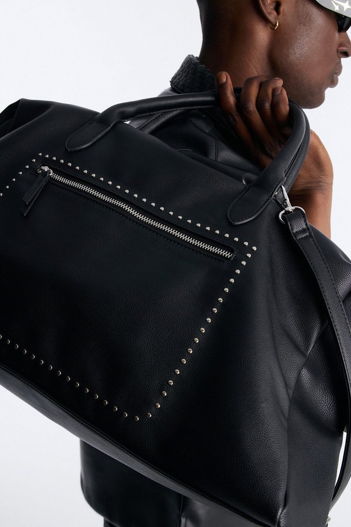 Textured Faux Leather Mid Size Weekender Duffle Bag - Black
