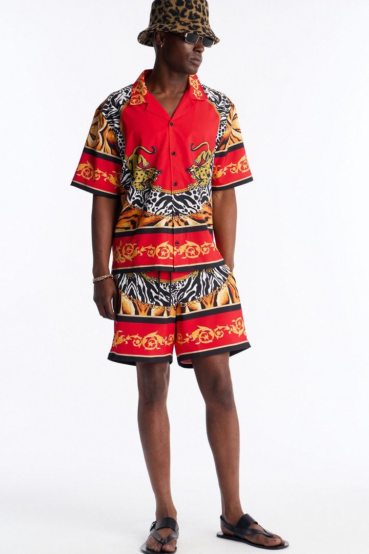 Jungle Royale Baroque Cuban Collar Button Up Shirt - Red