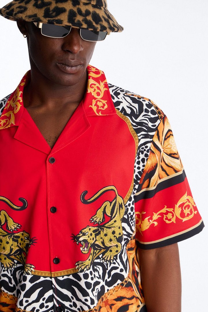 Jungle Royale Baroque Cuban Collar Button Up Shirt - Red