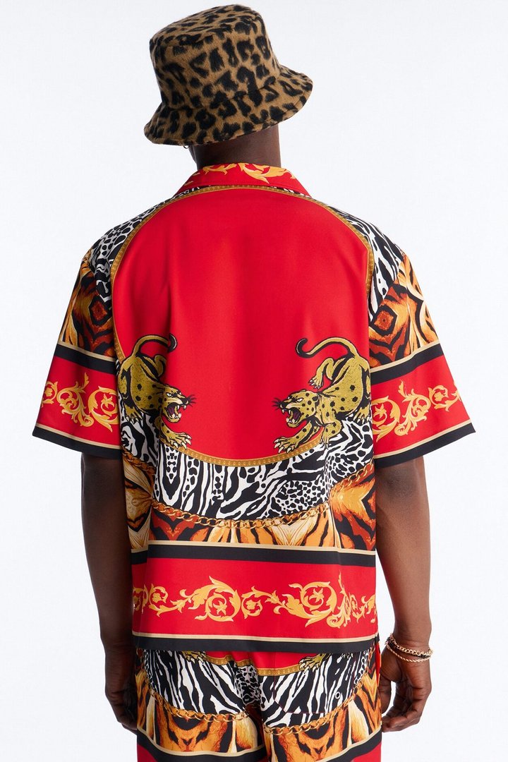 Jungle Royale Baroque Cuban Collar Button Up Shirt - Red