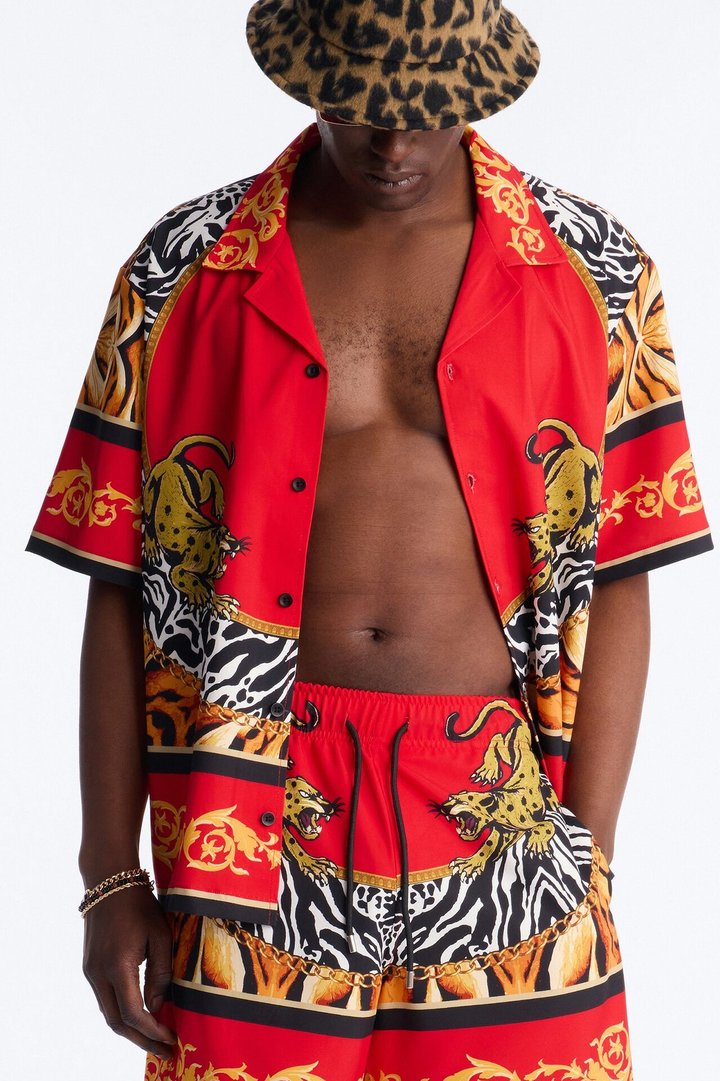 Jungle Royale Baroque Cuban Collar Button Up Shirt - Red