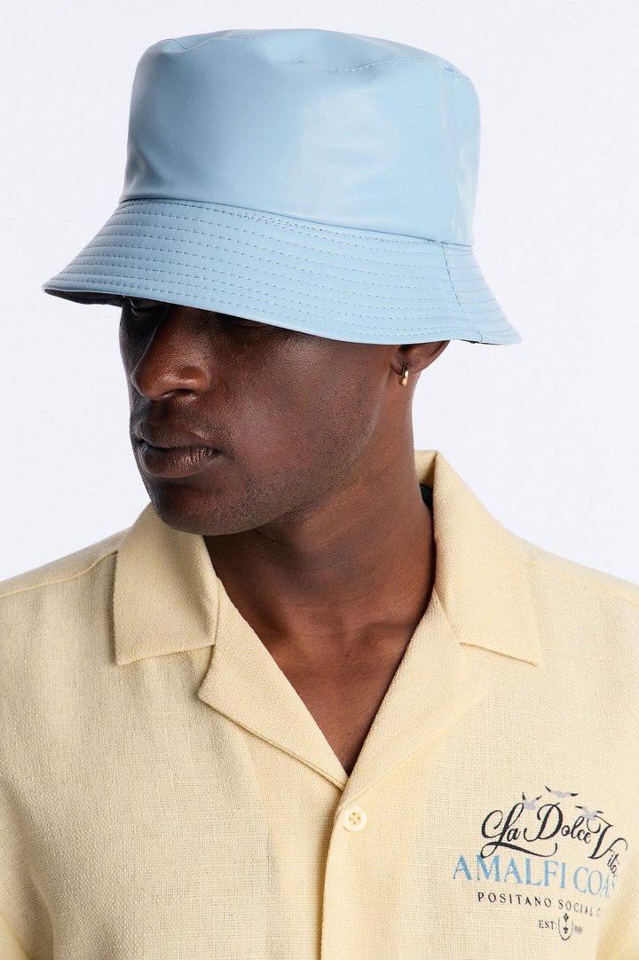 Faux Leather Bucket Hat - Light Blue