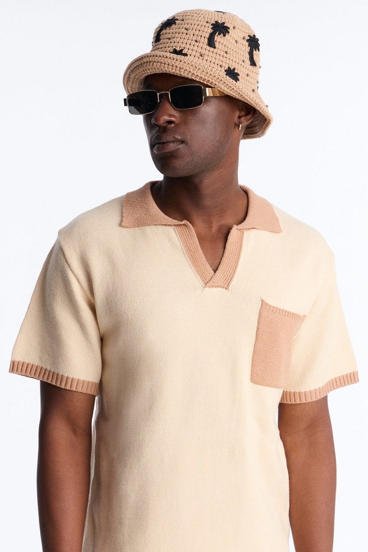 Palm Studded Straw Bucket Hat - Beige