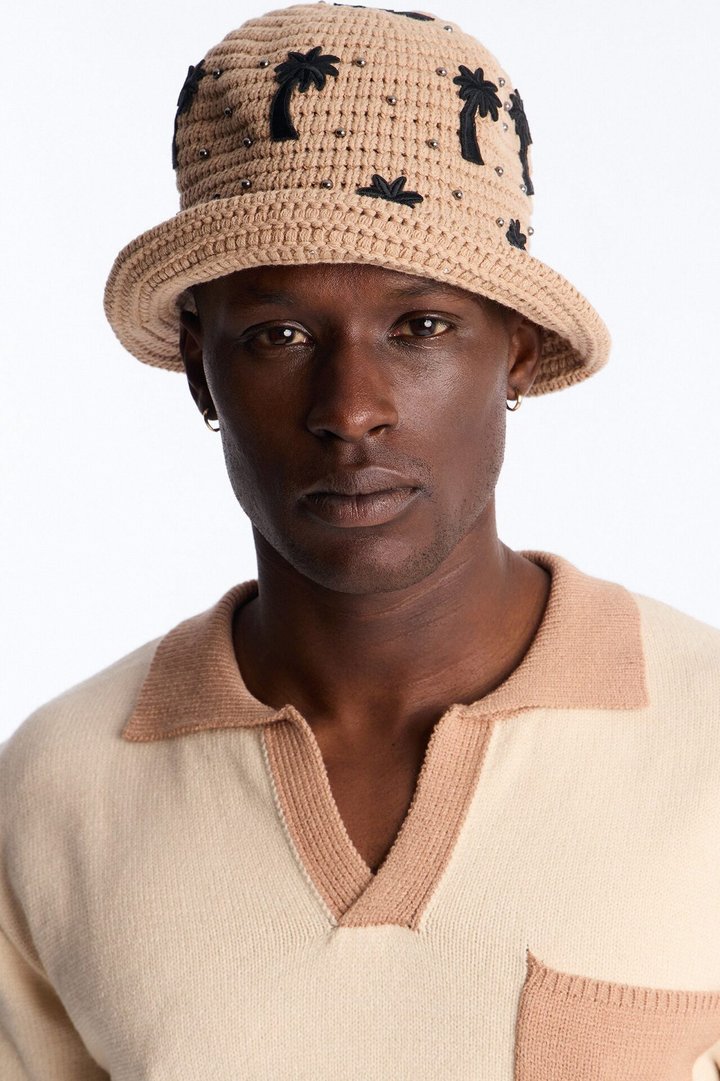 Palm Studded Straw Bucket Hat - Beige