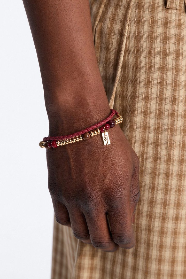 Palm Faux Leather Cording Necklace And Bracelet Set - Burgundy