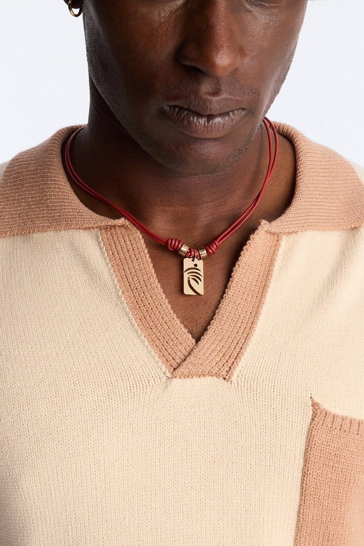 Palm Faux Leather Cording Necklace And Bracelet Set - Burgundy