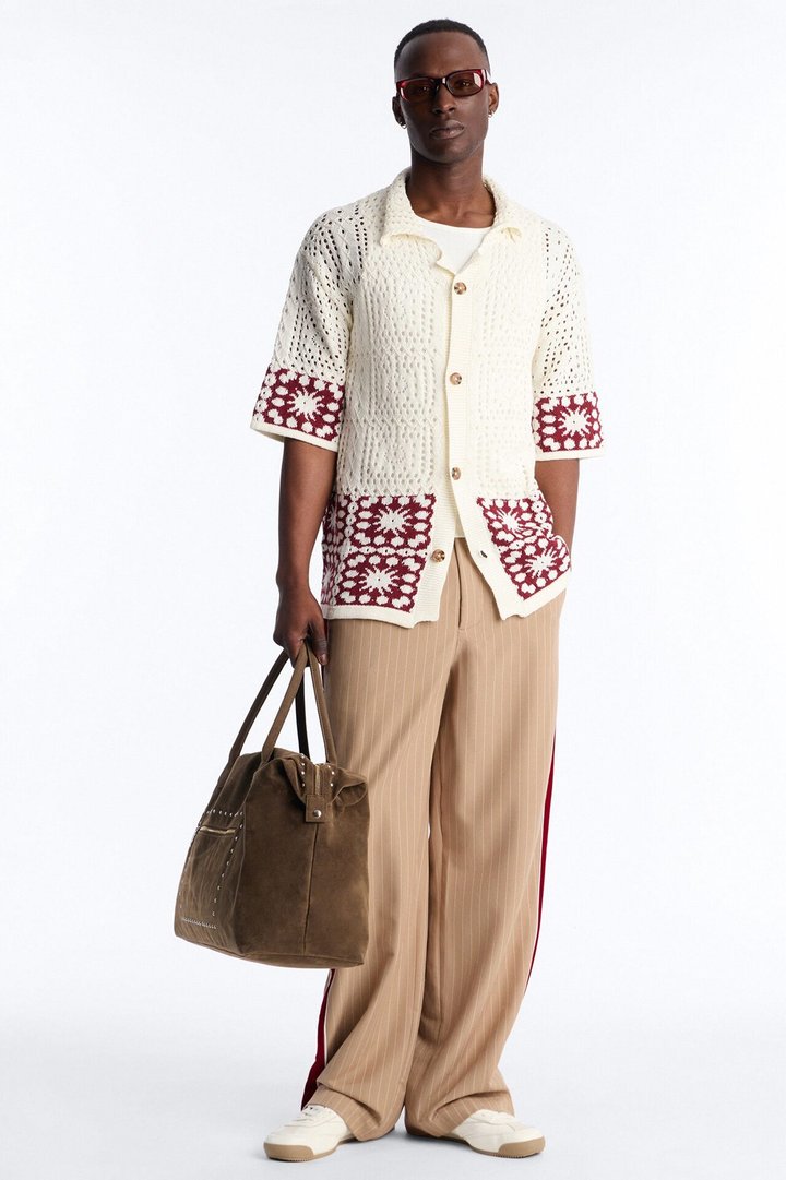 Relaxed Sunstage Crochet Cuban Collar Button Up Shirt - Wine