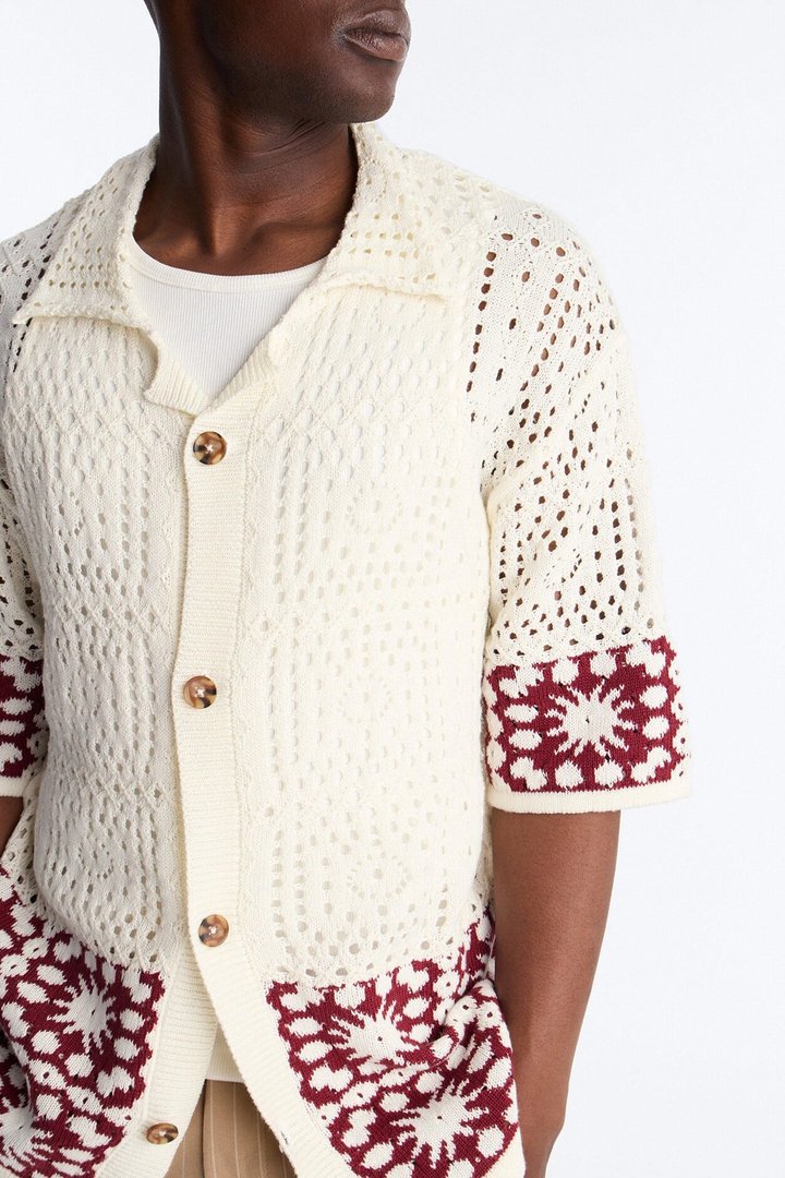 Relaxed Sunstage Crochet Cuban Collar Button Up Shirt - Wine