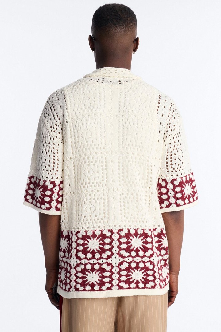 Relaxed Sunstage Crochet Cuban Collar Button Up Shirt - Wine