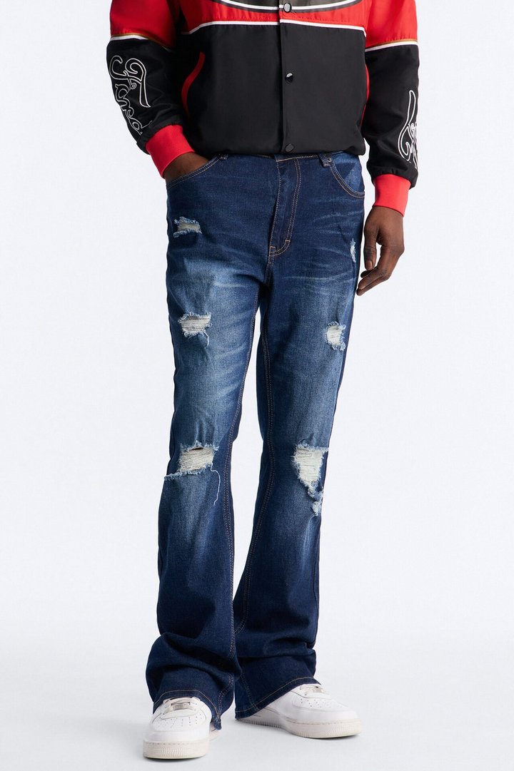 Essential Destroyed Stacked Slim Flare Stretch Jean - Dark Wash