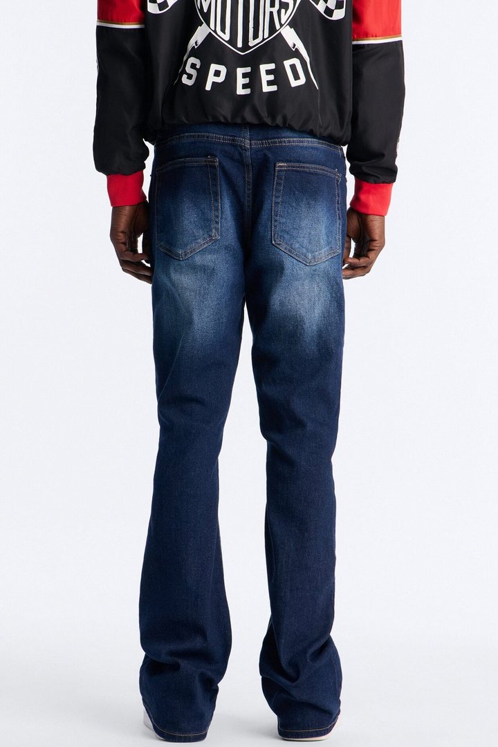 Essential Destroyed Stacked Slim Flare Stretch Jean - Dark Wash