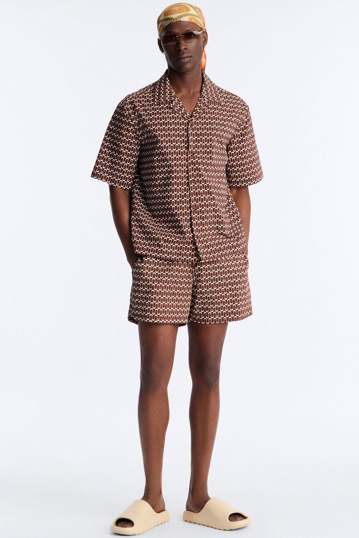 Relaxed Disco Plunge Geometric Cuban Collar Button Up Shirt - White/combo