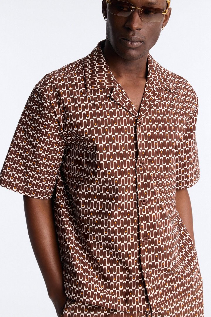 Relaxed Disco Plunge Geometric Cuban Collar Button Up Shirt - White/combo