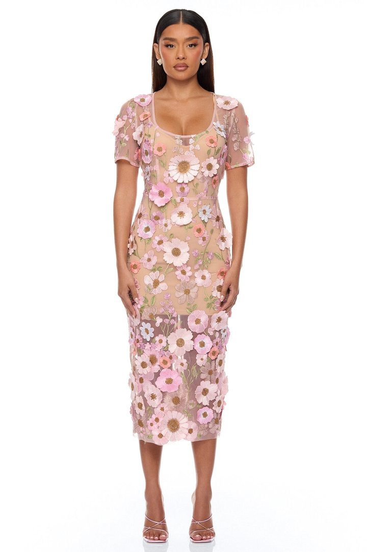 Rosewood Floral Embroidered Mesh Midi Dress - Pink/combo