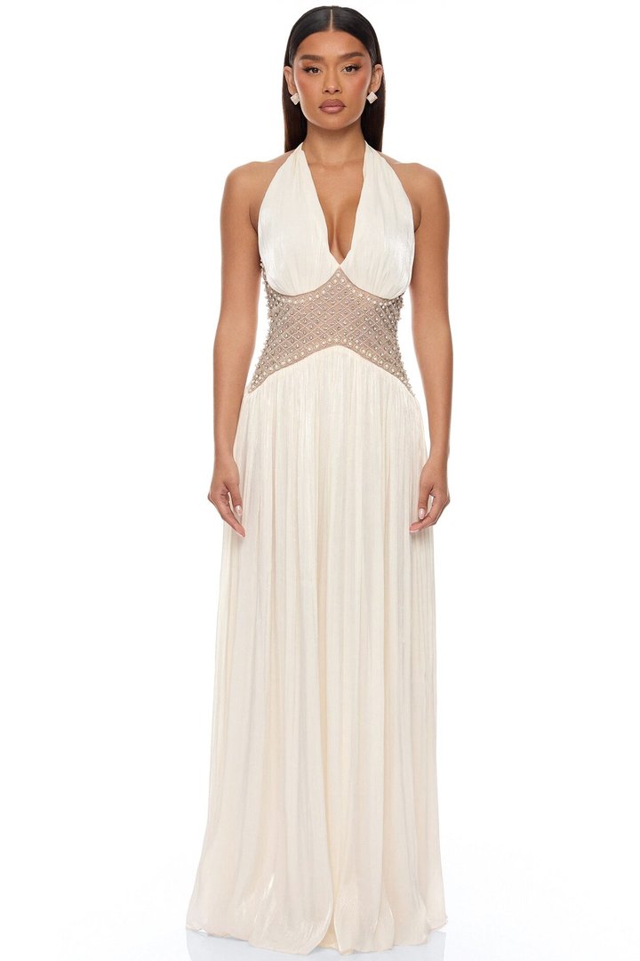 Rhiannon Embellished Halter Maxi Dress - Cream