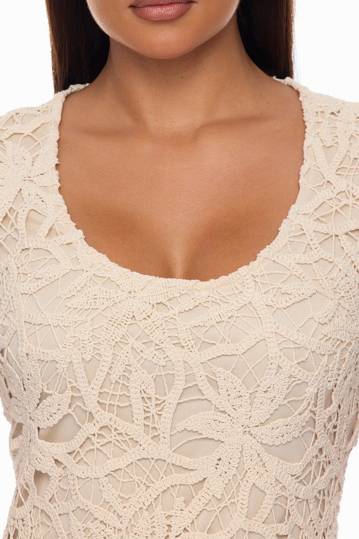 Liliana Short Sleeve Crochet Mini Dress - Sand