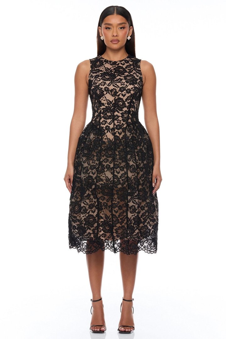 Caia A Line Dresses Lace Midi Dress - Black