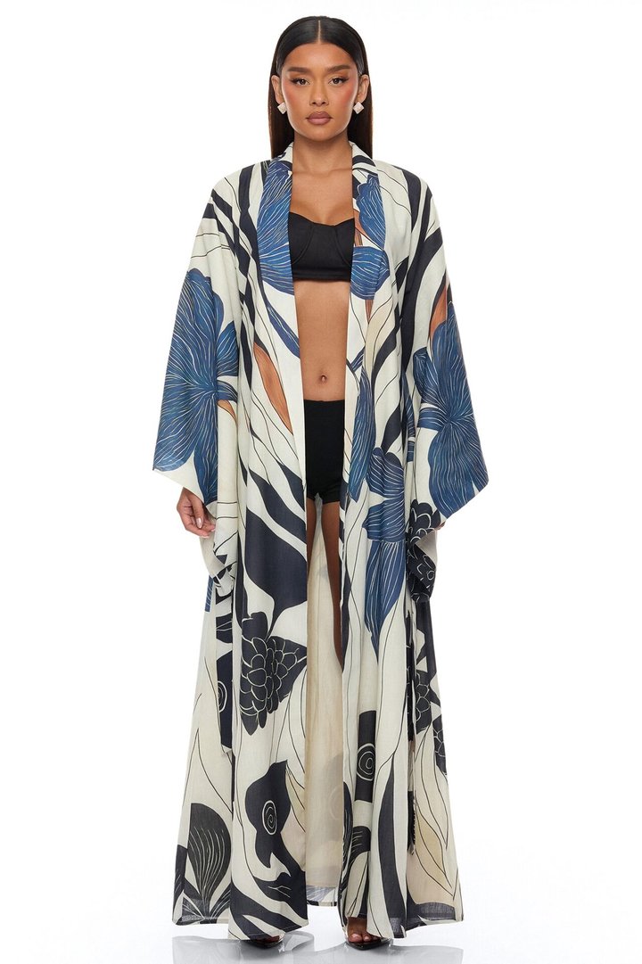 Daniella Bell Sleeve Linen Kimono - Navy/combo