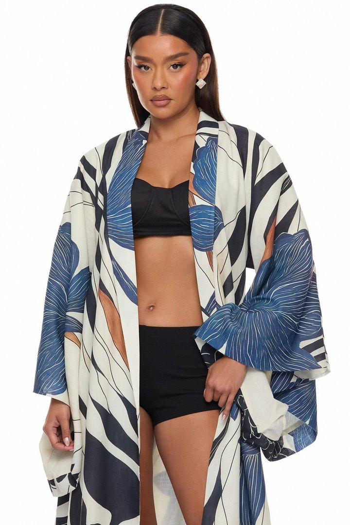 Daniella Bell Sleeve Linen Kimono - Navy/combo