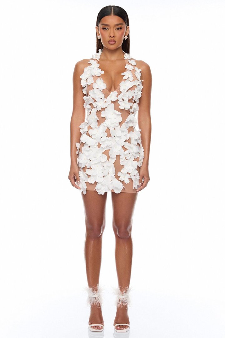 Forbidden Garden Floral Applique Mini Dress - White