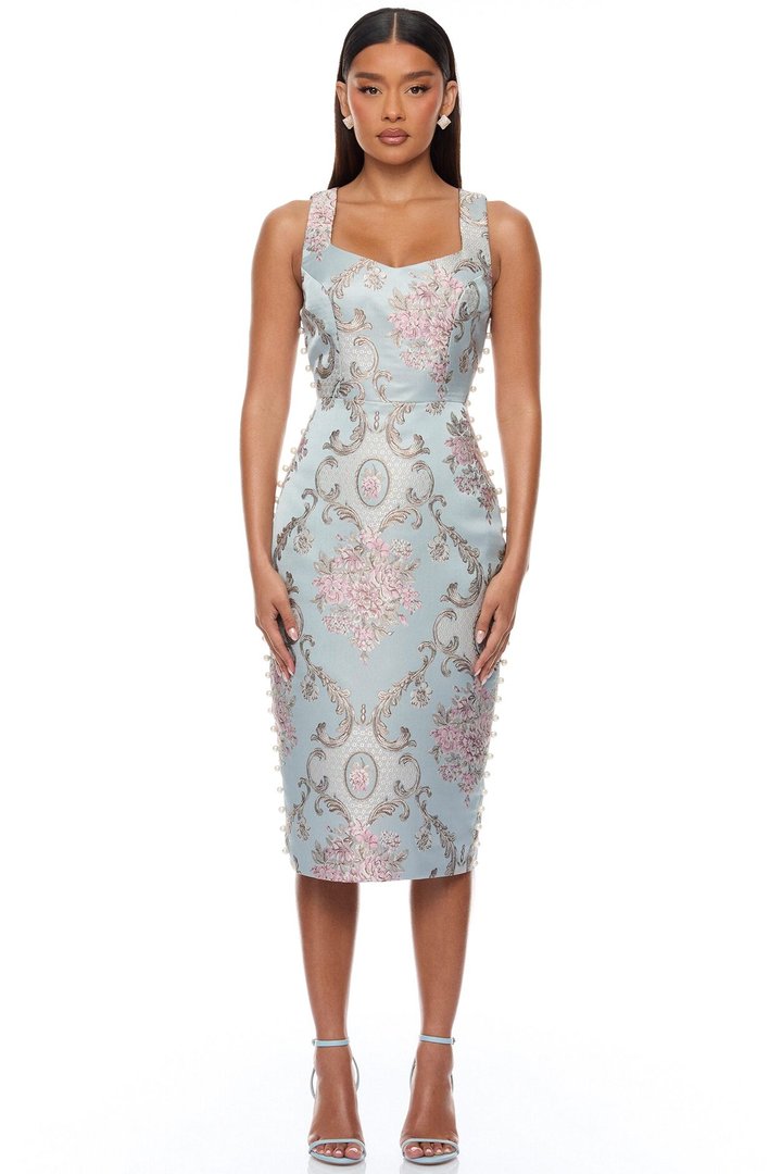 Alyssa Pearl Jacquard Midi Dress - Dusty Blue