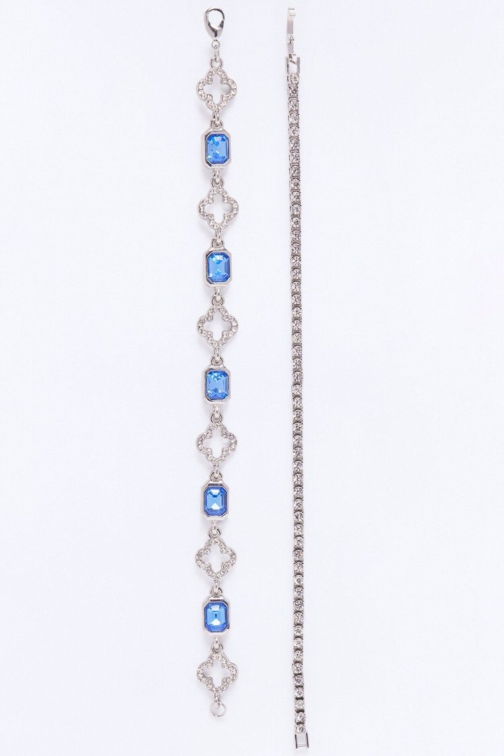 Clover Iced Gemstone Bracelet Set - Silver