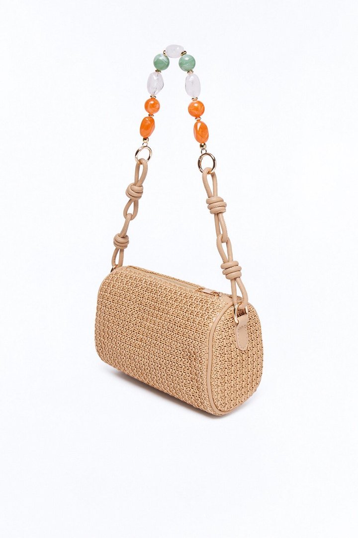 Sand And Sea Straw Jeweled Shoulder Handbag - Tan