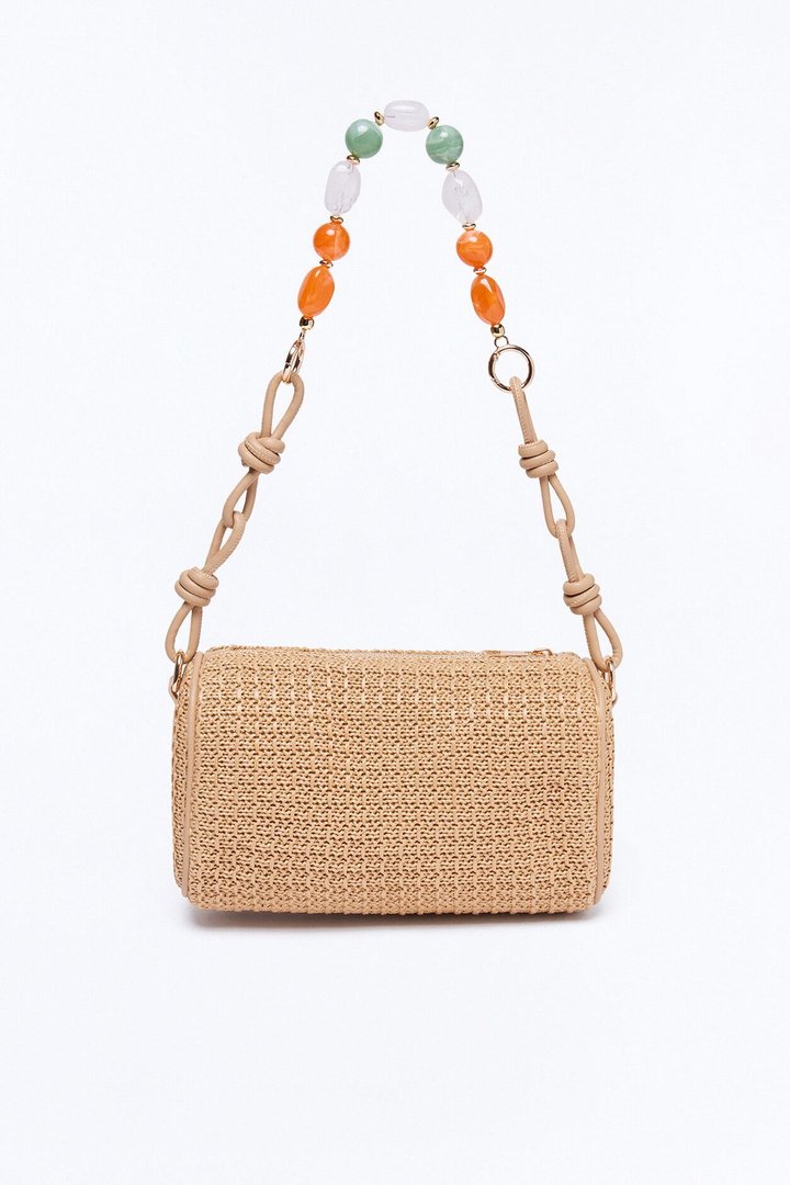 Sand And Sea Straw Jeweled Shoulder Handbag - Tan