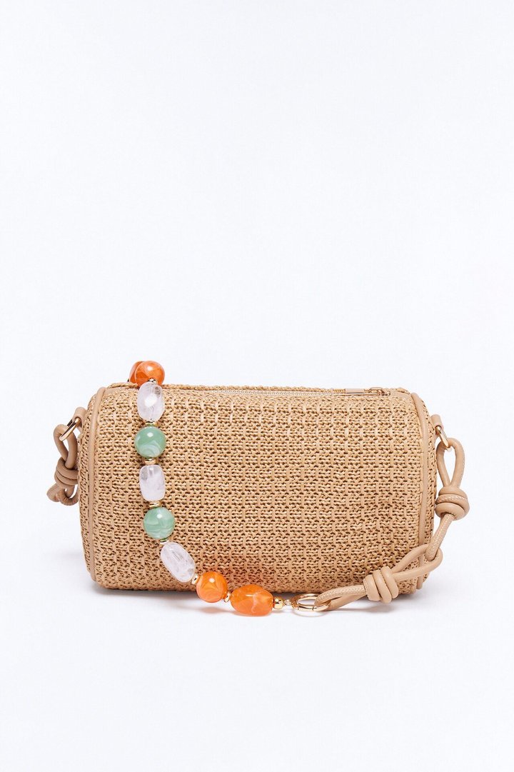 Sand And Sea Straw Jeweled Shoulder Handbag - Tan