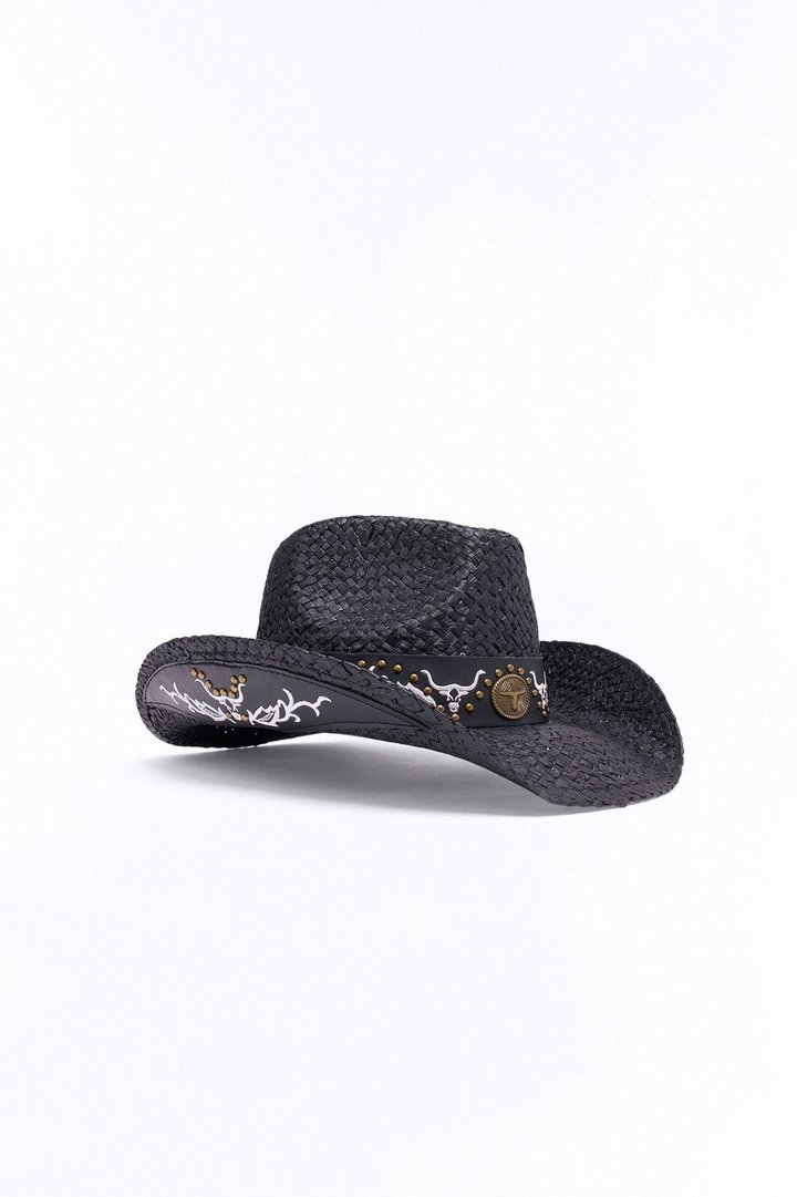 Western Decorative Straw Cowboy Hat - Black
