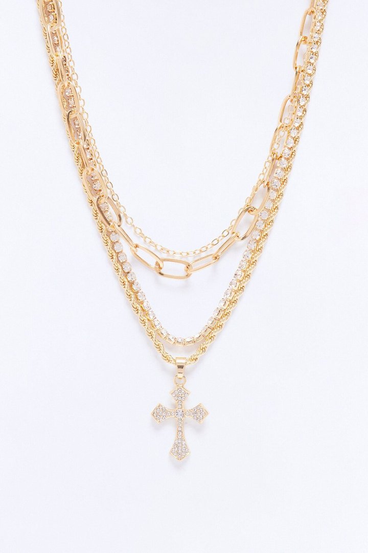 No Saint Rhinestone Layered Necklace - Gold