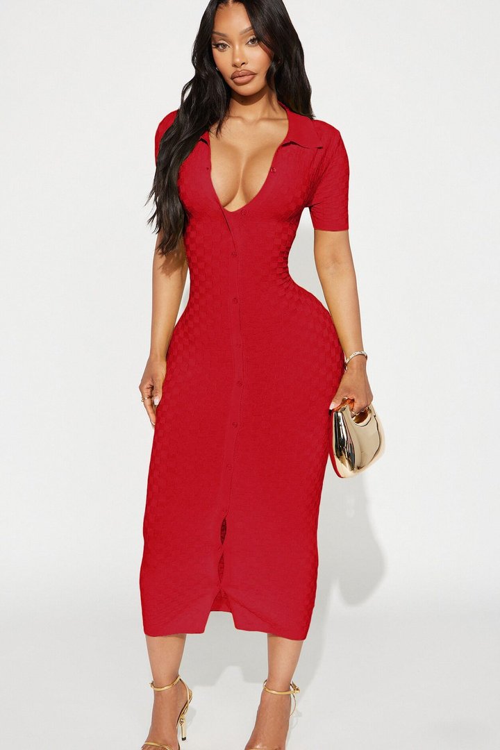 Match My Vibe Checkered Midi Dress - Red