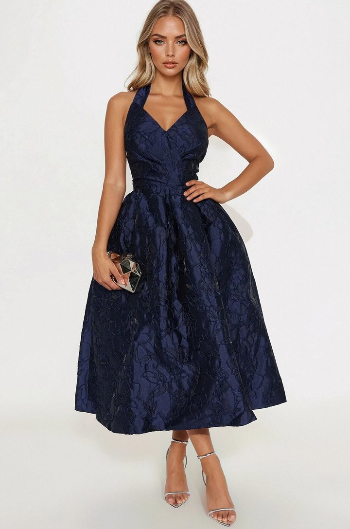 Keep You Enchanted Jacquard Halter Midi Dress - Navy